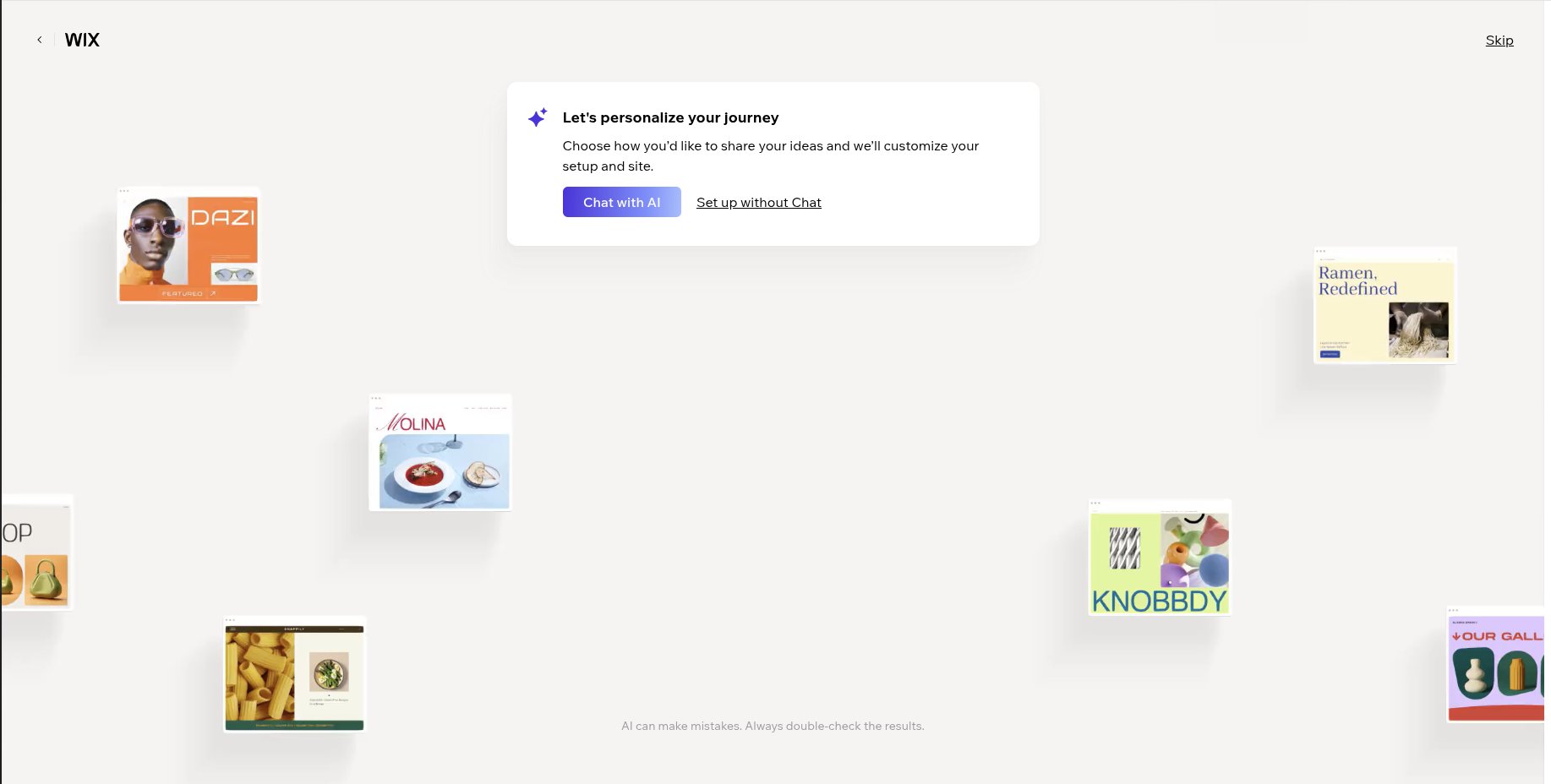 Wix opening screen with Chat with AI option