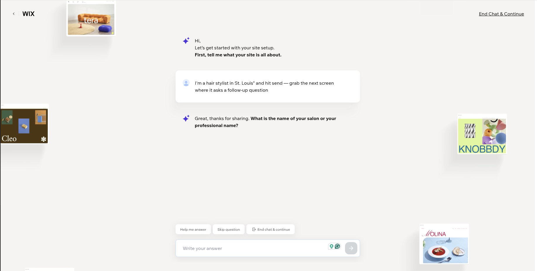 Wix AI chat building the site profile in real time