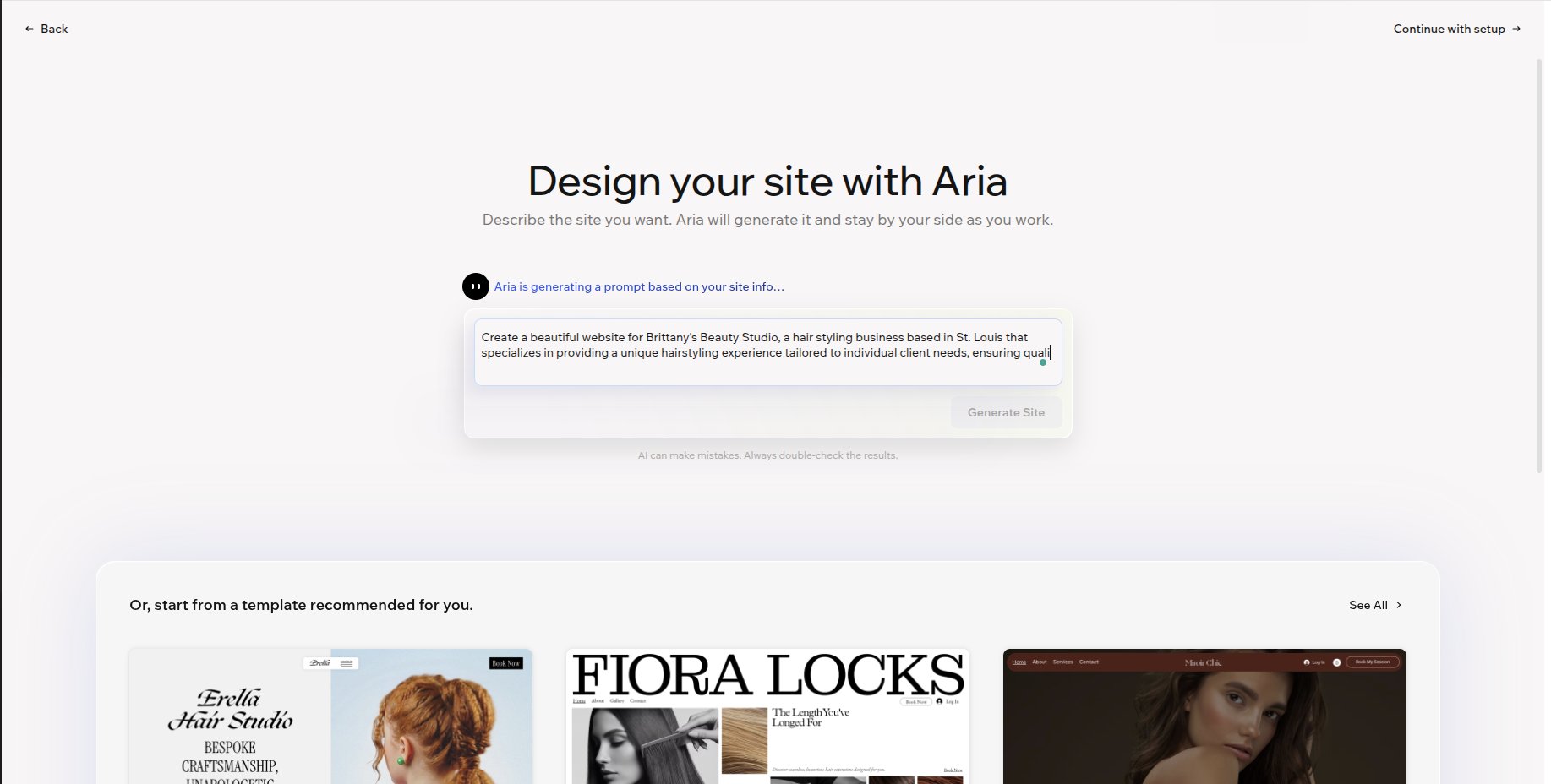 Design your site with Aria screen showing auto-generated prompt
