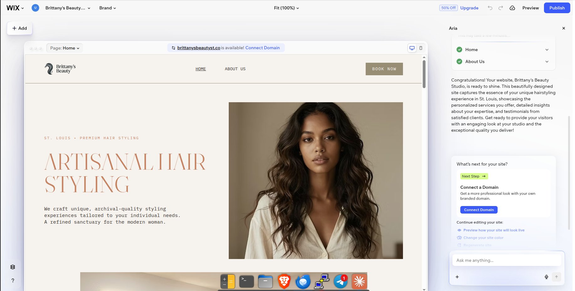 Aria-generated website in the Wix editor